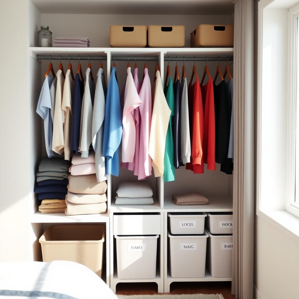 A tidy closet with color-coded clothes and organized shelves in a bright bedroom.