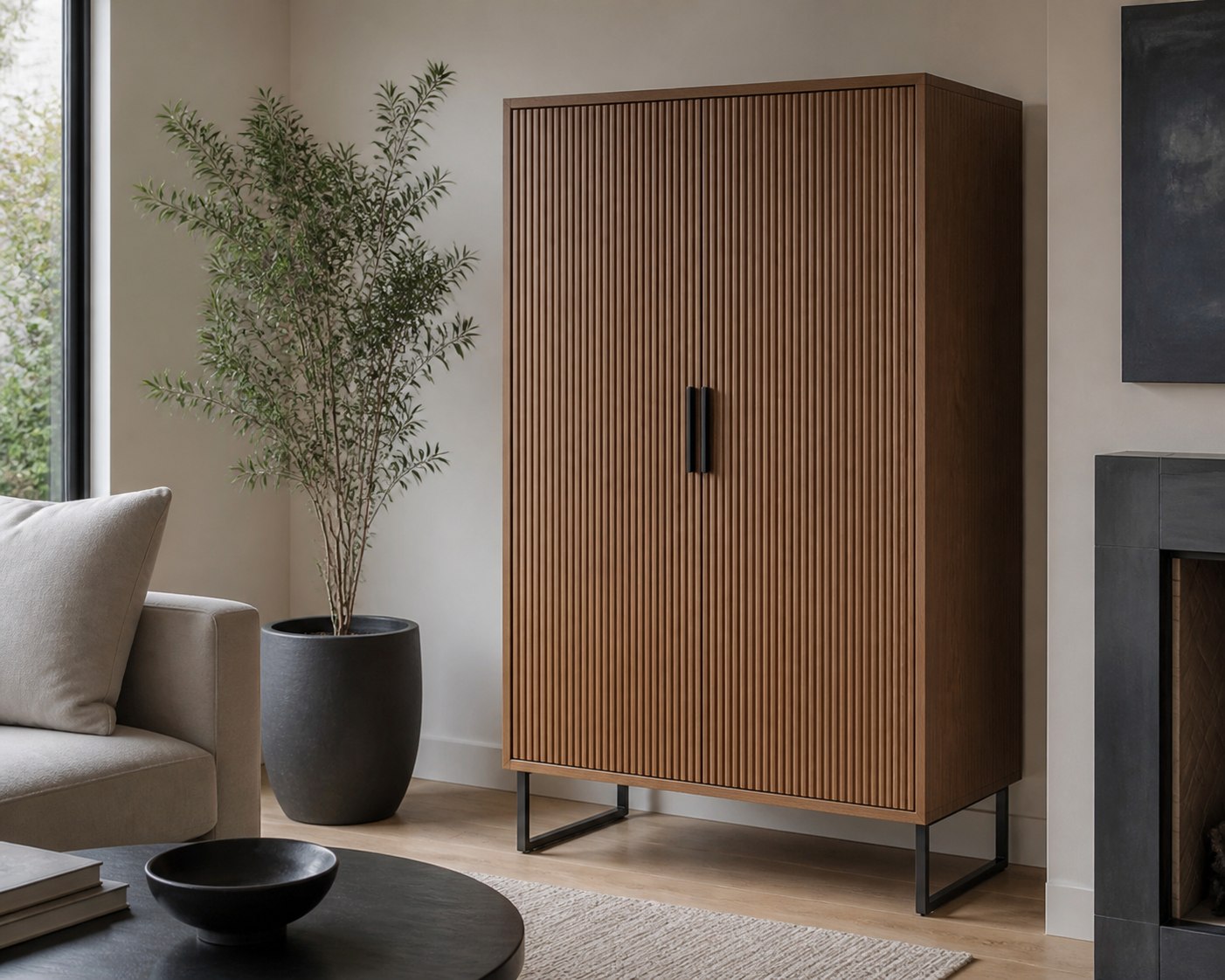 Fluted panel armoire in a modern living room
