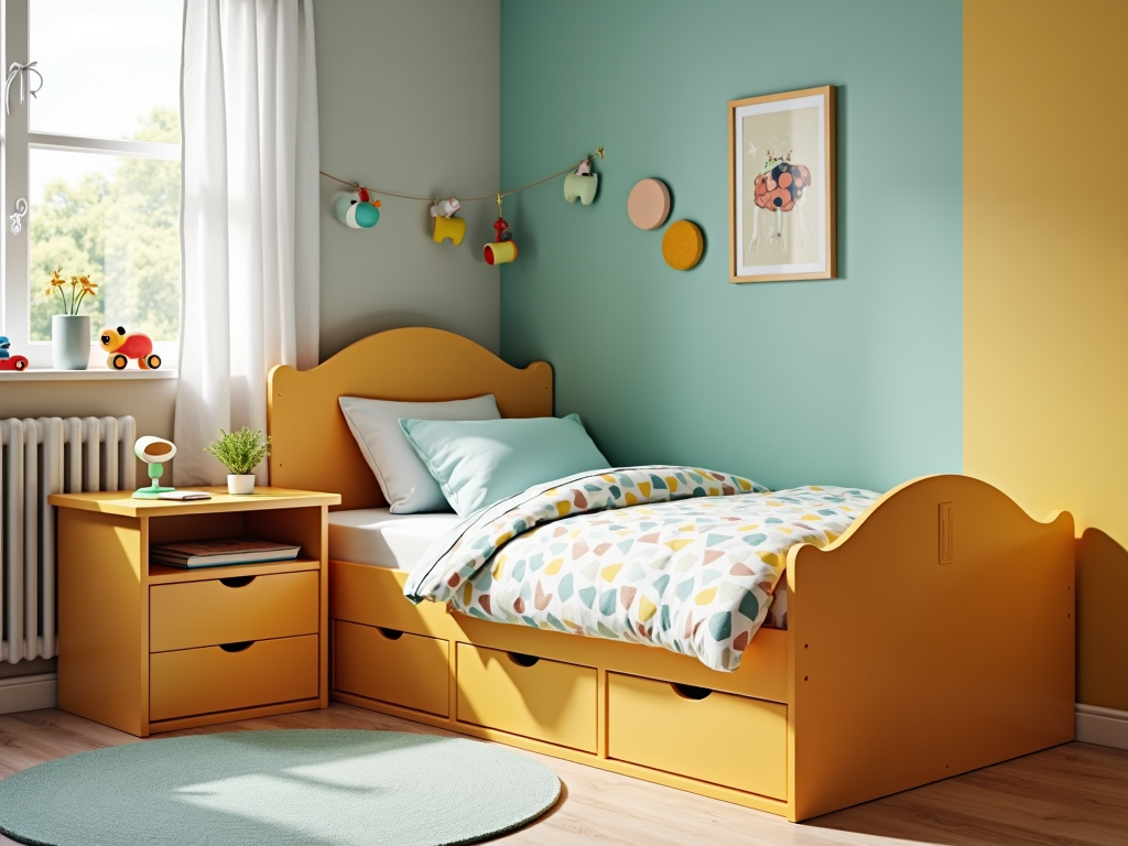 A child’s bedroom with a safe, rounded nightstand
