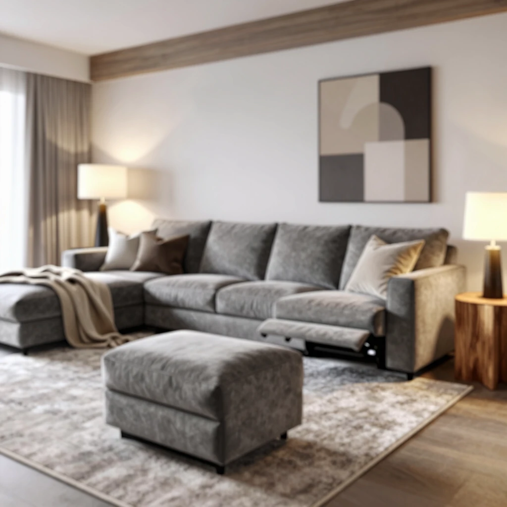 Elegant living room with sectional sofa, matching recliner, layered rugs, pillows, and warm lighting
