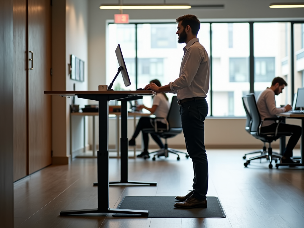 A person comfortably standing at a desk with a mat