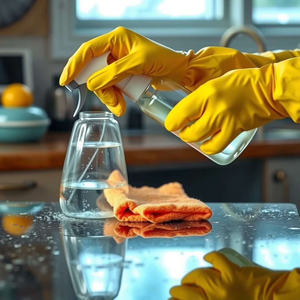 Person cleaning kitchen countertop with homemade non-toxic spray