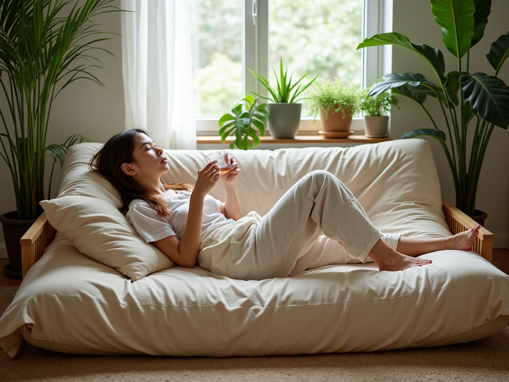 Relaxing on a futon with a washable cover.