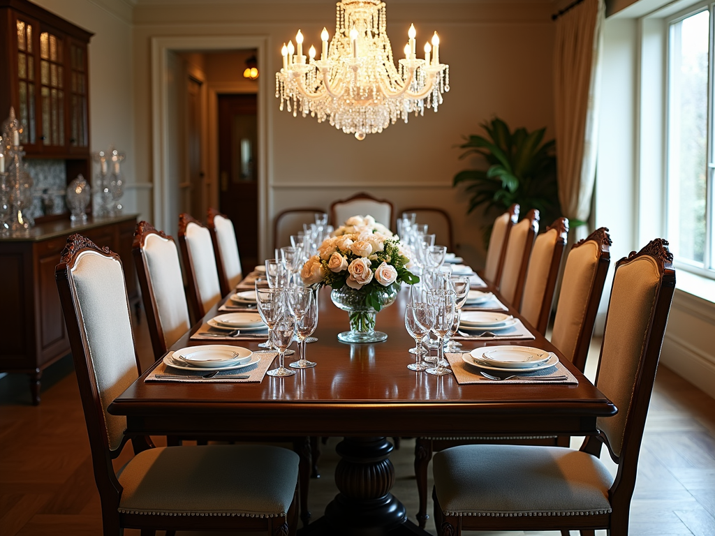 Elegant dining room with a large wooden table, upholstered chairs, and a chandelier