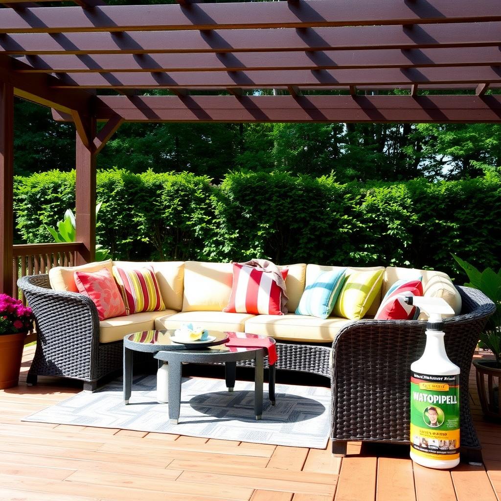 Wicker sofa with colorful cushions on a wooden deck, with waterproofing spray and cloth nearby under a shaded pergola.