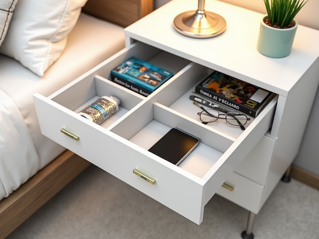 Organized nightstand with labeled storage