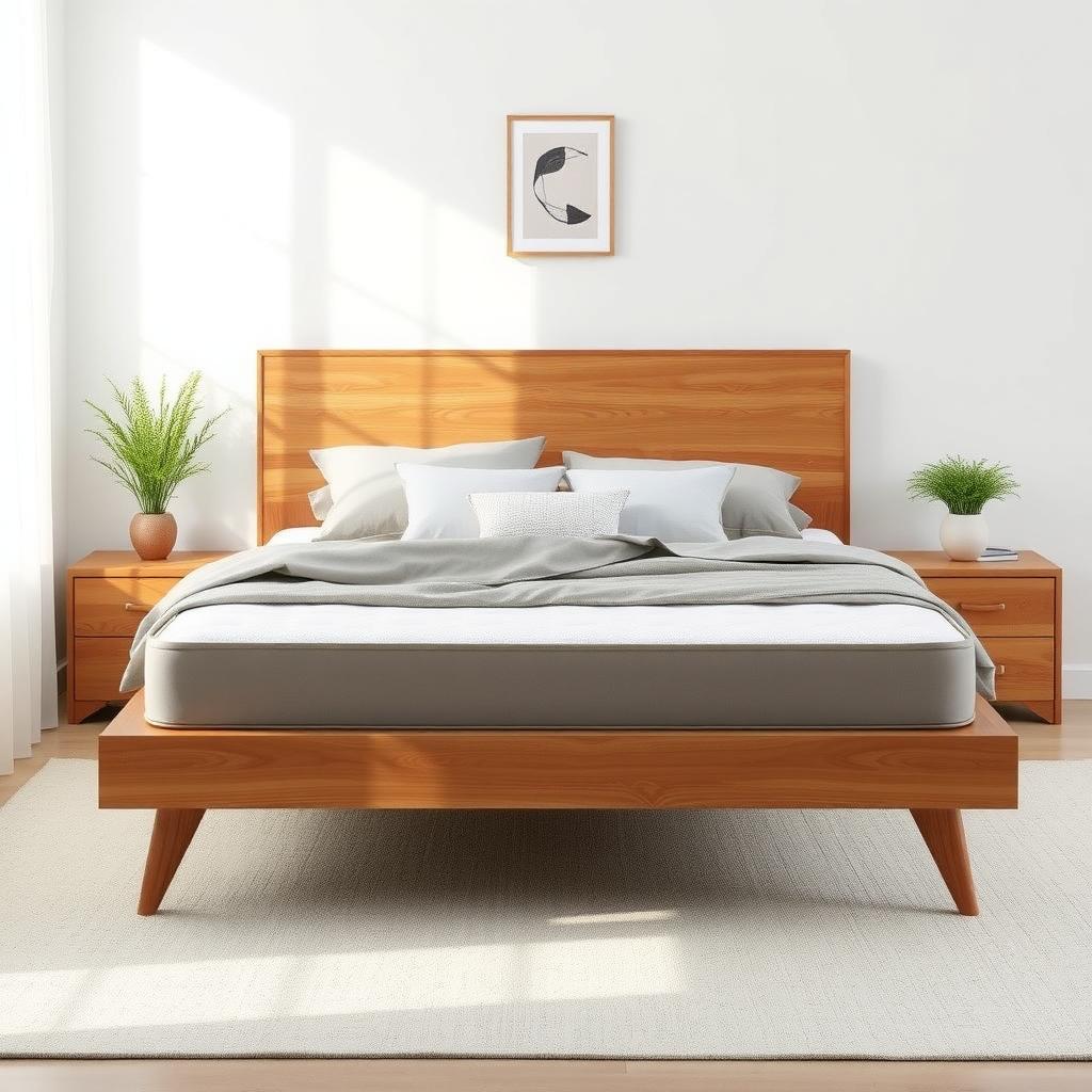 Modern wooden bed with plush bedding in a cozy, minimalist bedroom