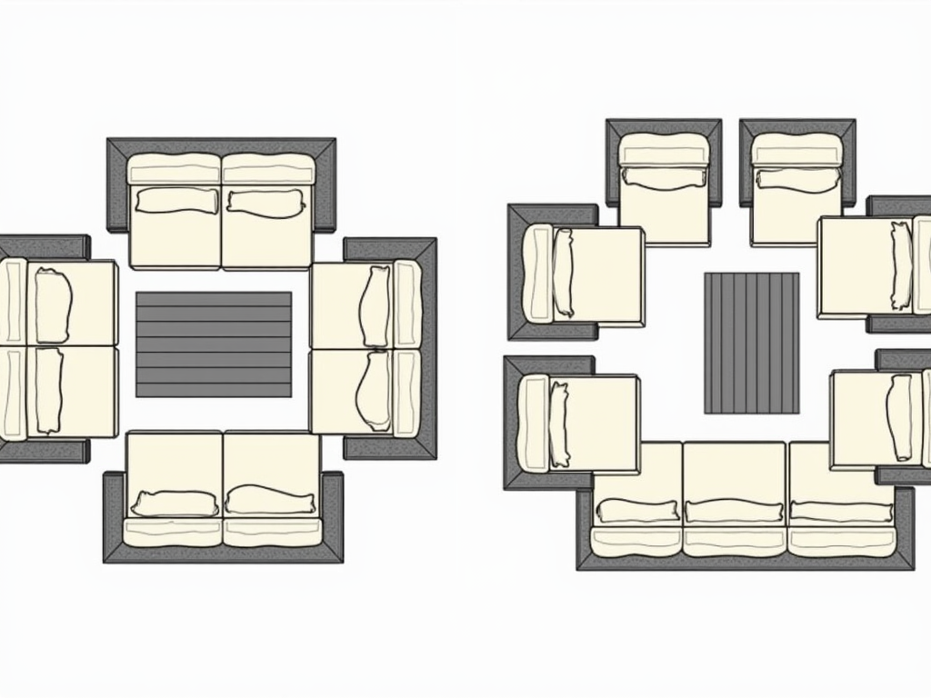 Modular patio furniture arranged in two different layouts