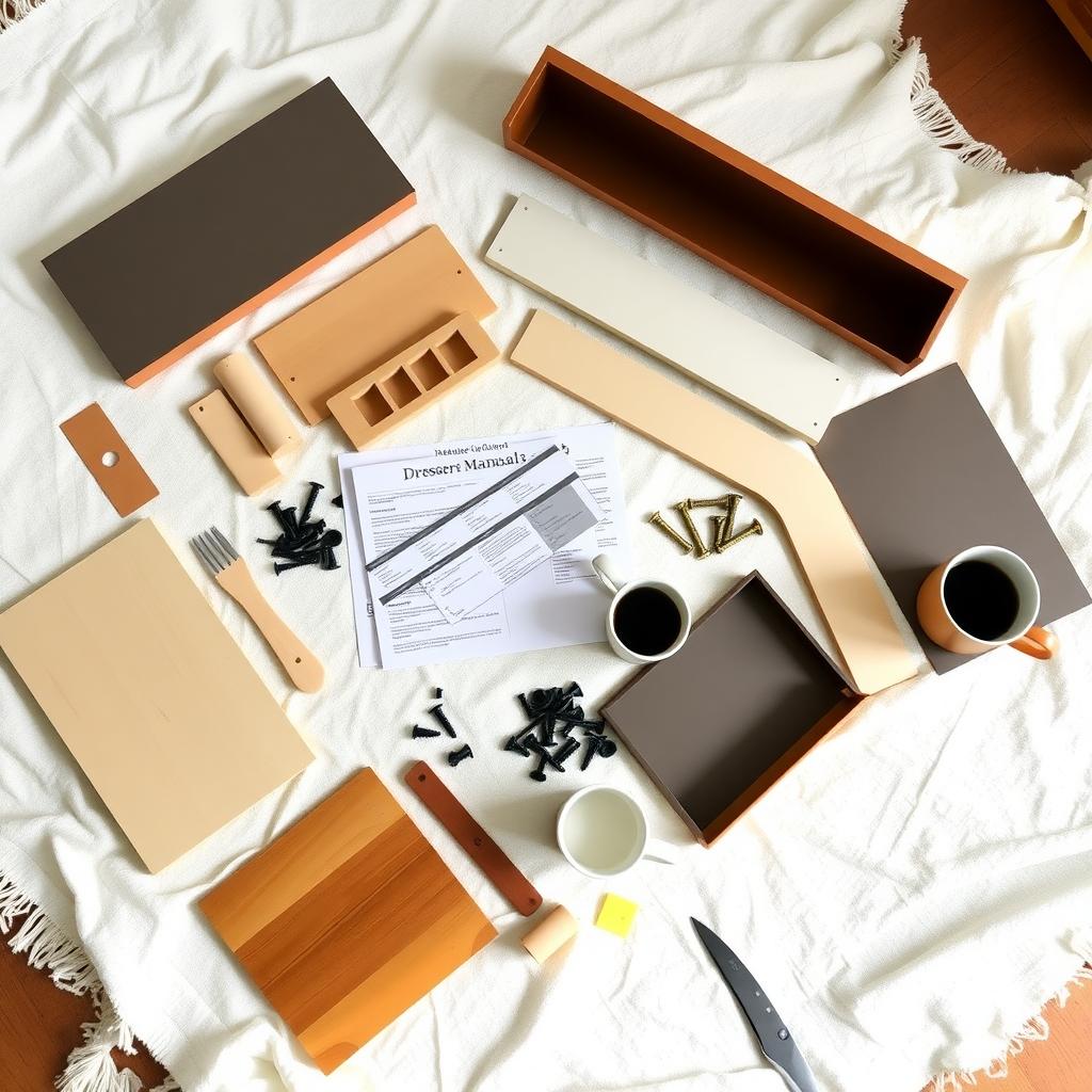 Organized workspace with dresser parts and tools