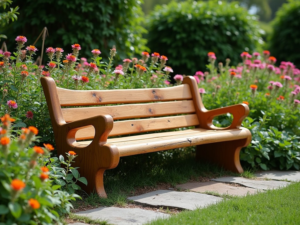 An organically curved wooden bench in a garden setting.