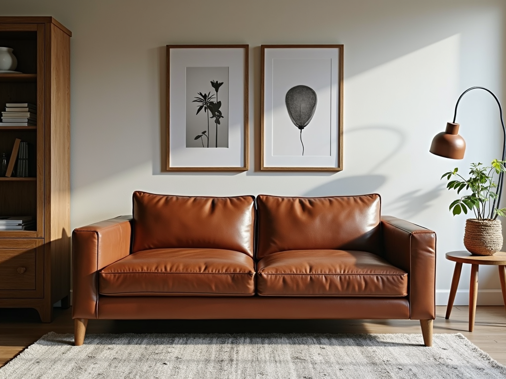 Elegant leather sofa in a chic living room