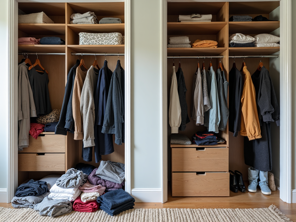 A before-and-after wardrobe makeover showing a messy space turned into an organized one.