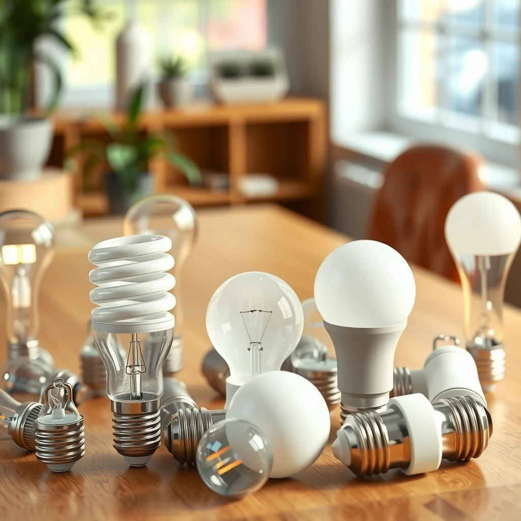 Various types of light bulbs including LED, CFL, and smart bulbs displayed on a wooden table