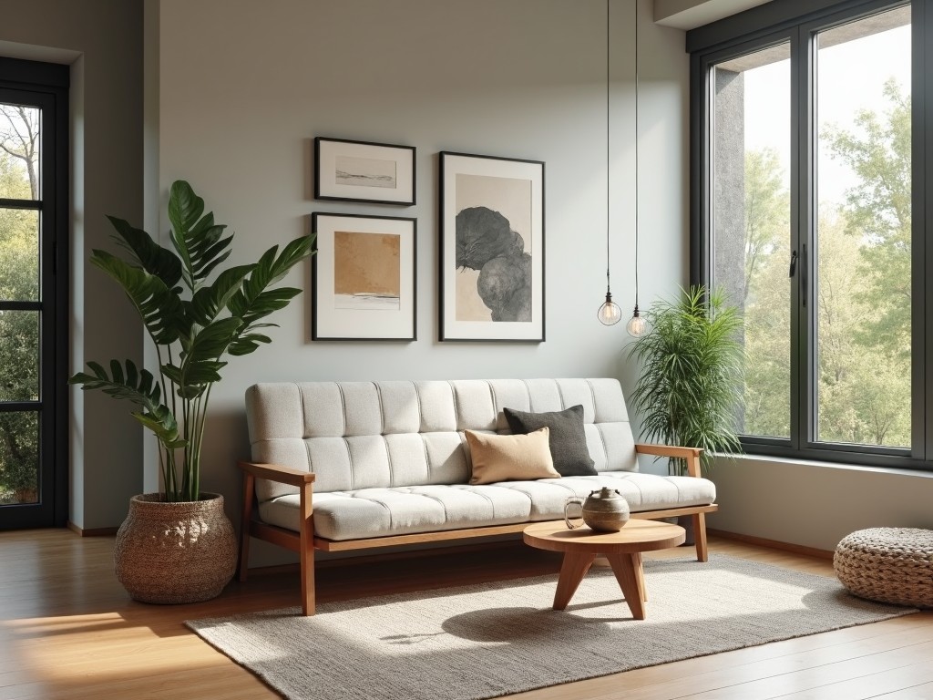 A modern living room with a stylish futon as a centerpiece, blending in with contemporary decor.