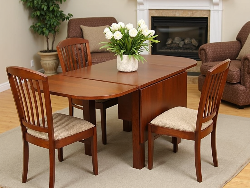 A drop-leaf table in a living room, showcasing its versatility and ability to expand or contract as needed.