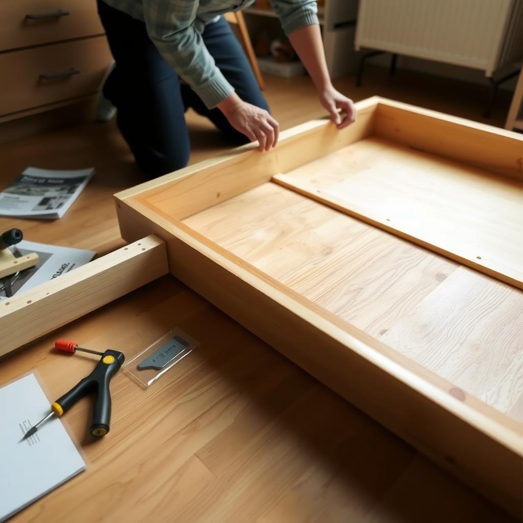 Person assembling a dresser with organized parts and tools.