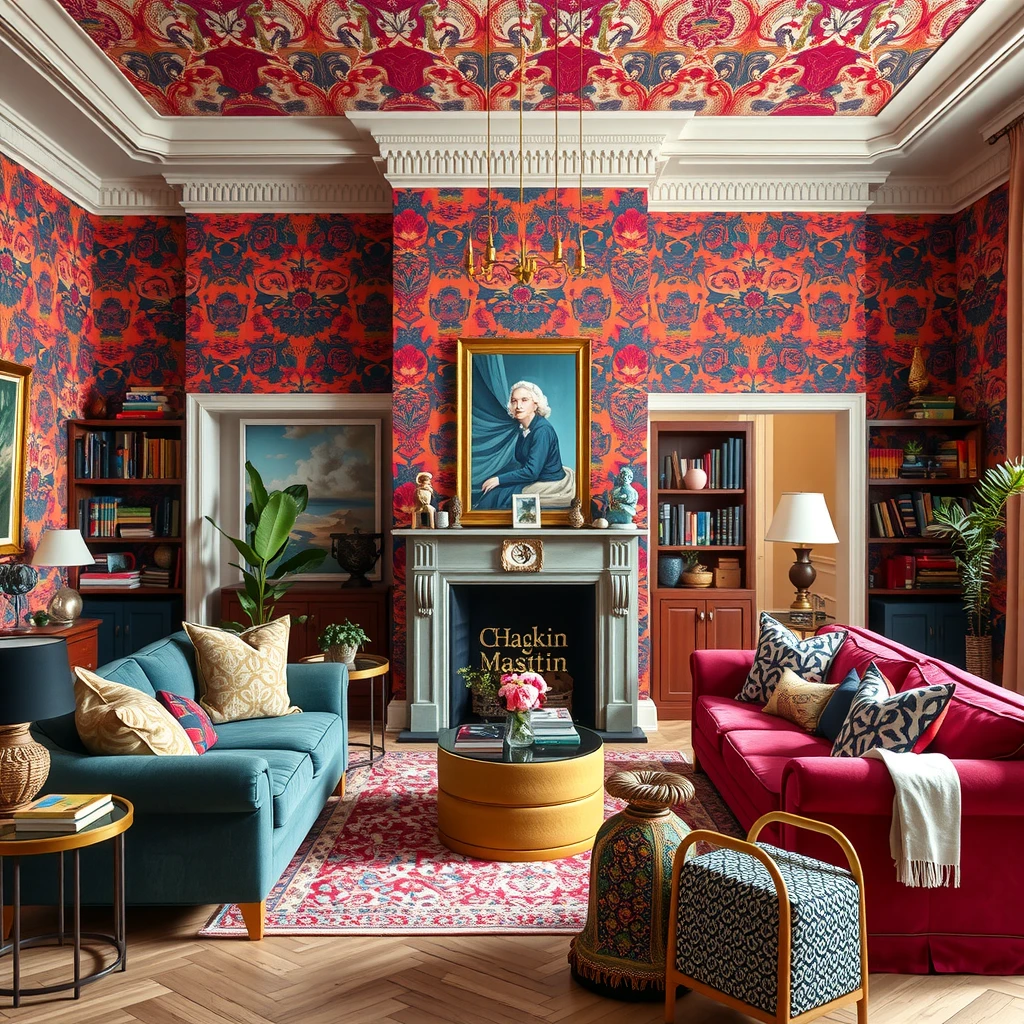 Vibrant maximalist interior with bold colors, patterns, and eclectic textures