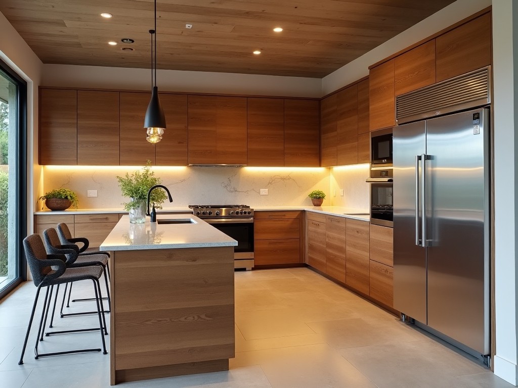 A beautiful kitchen with cabinets made of recycled wood, emphasizing sustainability.