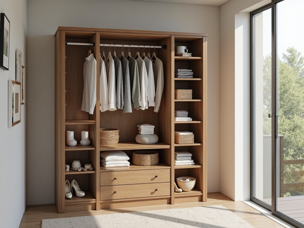 An organized armoire showcasing neatly folded clothes and hangers.