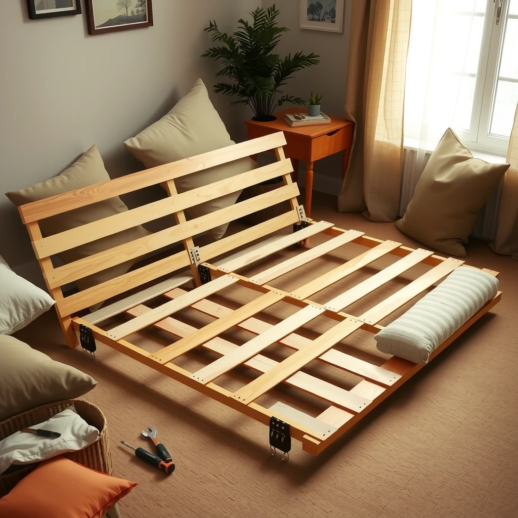 Disassembled futon parts ready for easy assembly in a home setting