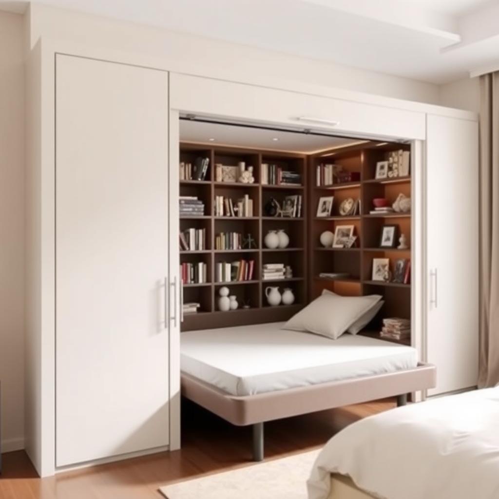 A stylish Murphy bed with built-in bookshelf in a small bedroom.