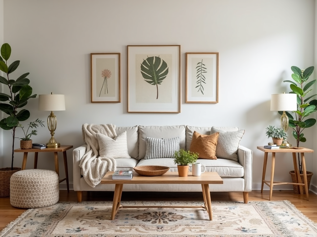 A budget-friendly living room setup with second-hand furniture and DIY decor.