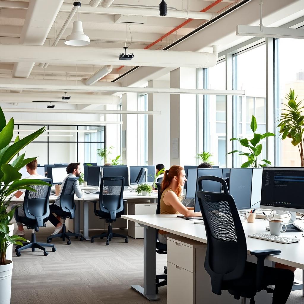 Modern office with ergonomic chairs and standing desks, promoting a healthy workspace.