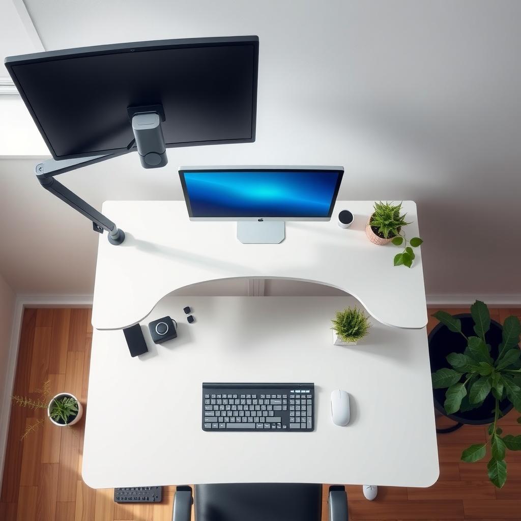 Organized ergonomic workstation with standing desk and monitor arm.