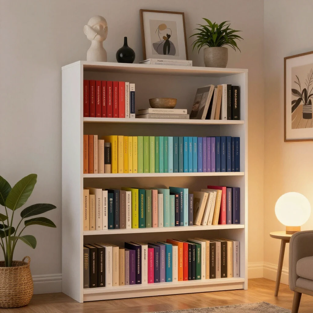 Creatively showcased books on a modern bookshelf