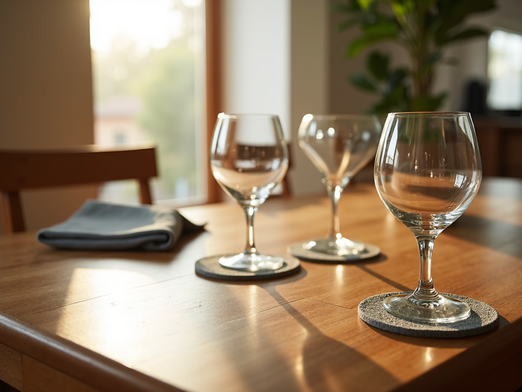 A wooden dining table protected with coasters and regular dusting