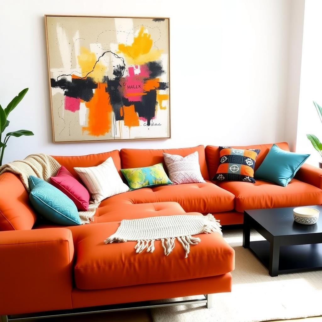 Modern living room with a terracotta modular futon and colorful decor.
