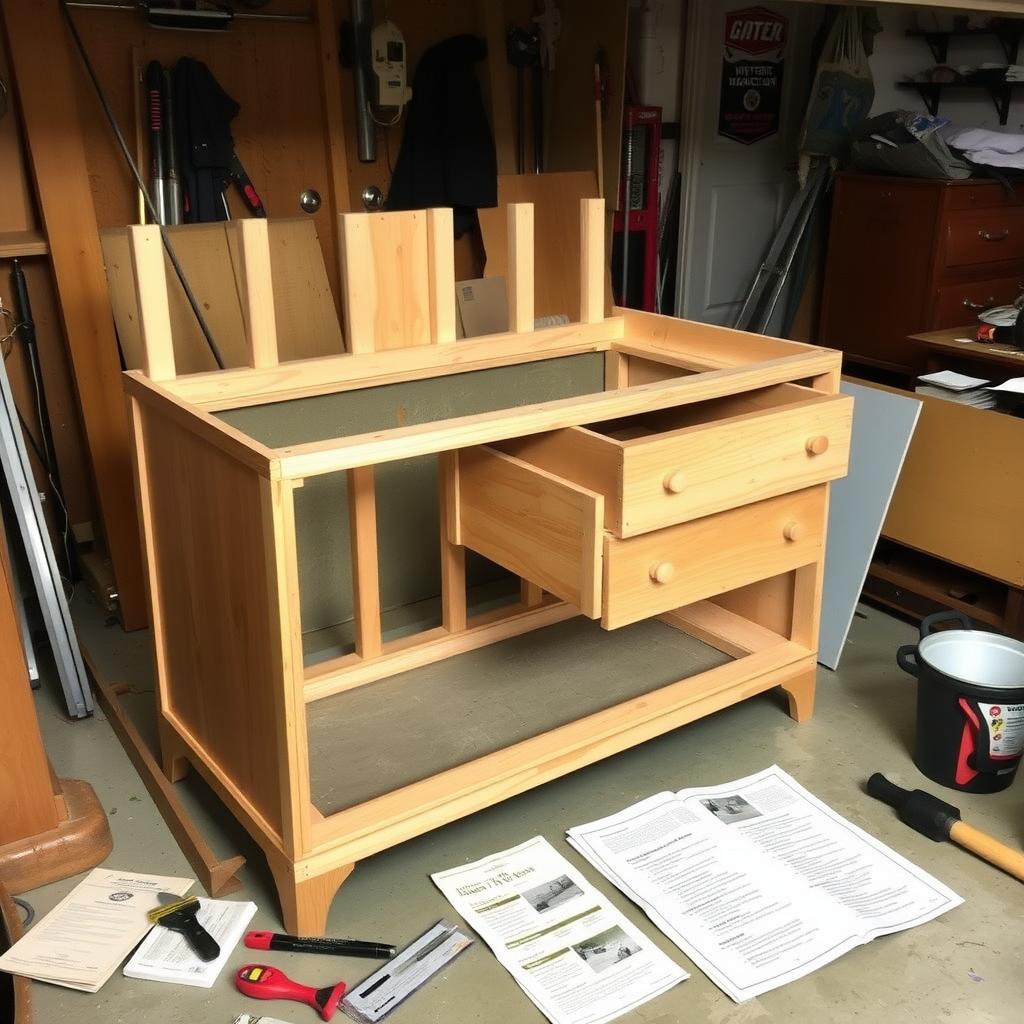 Dresser frame during assembly in garage