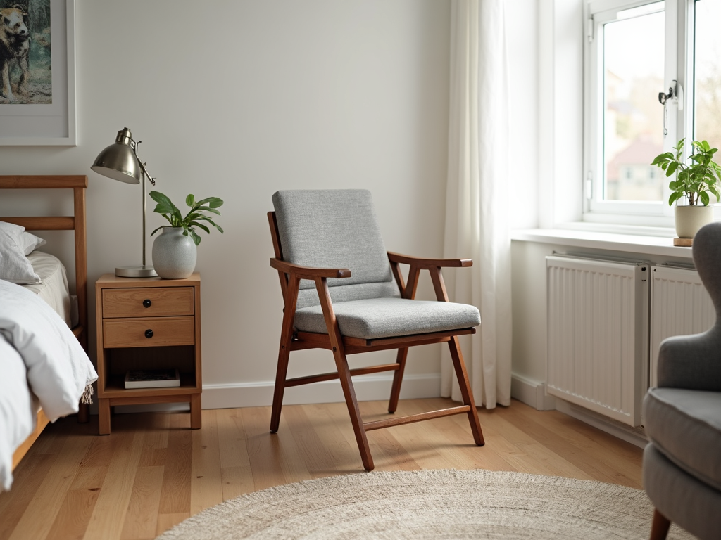A foldable chair in a compact bedroom