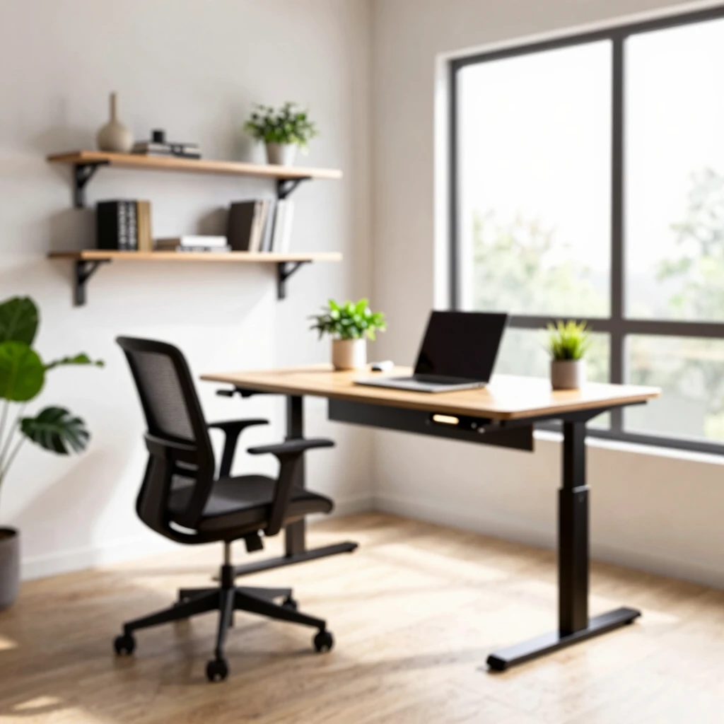 Modern ergonomic home office setup with adjustable desk and chair