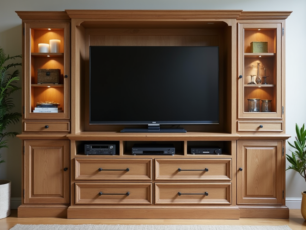 An entertainment armoire with hidden compartments for cables and remotes.