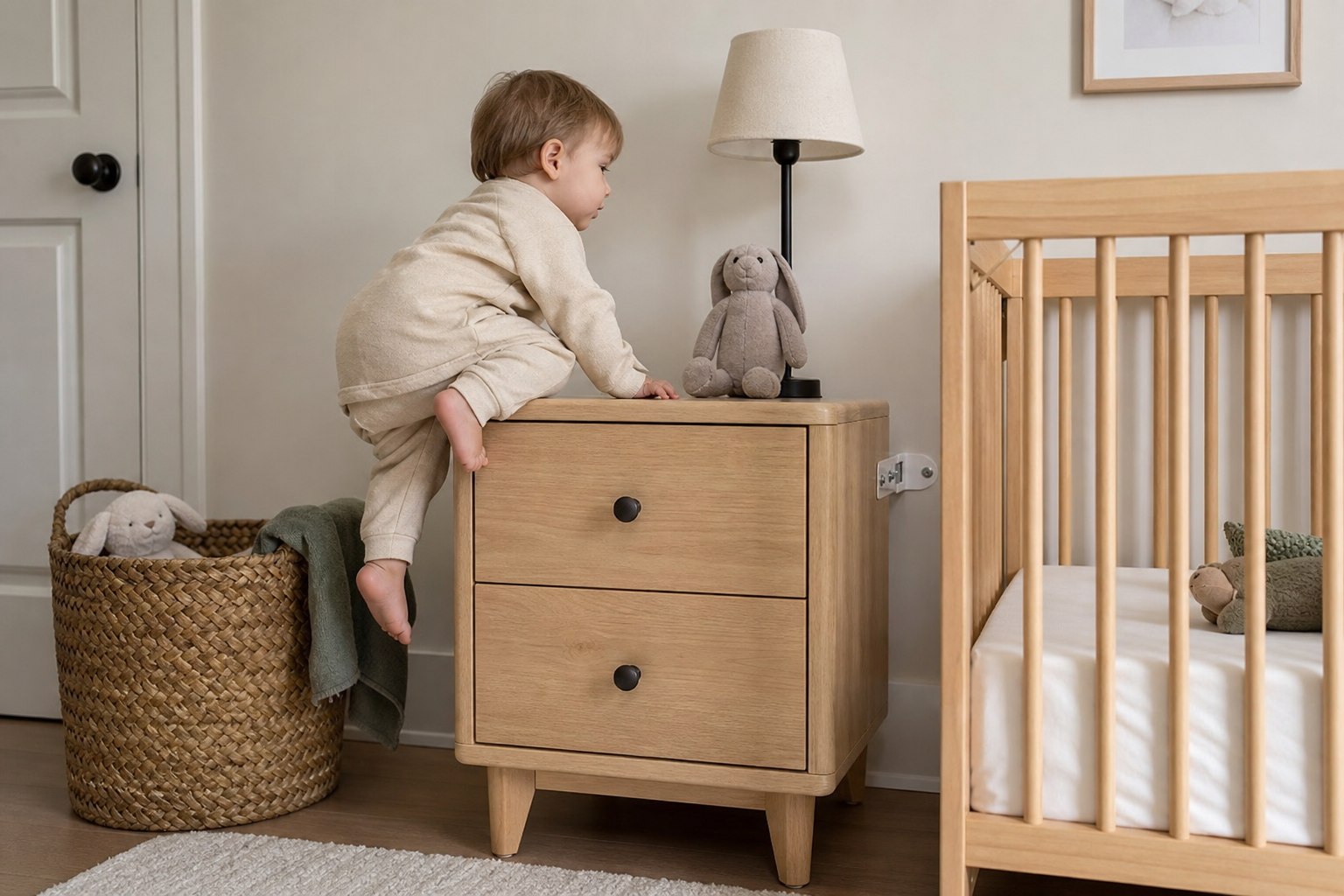 Safe toddler climbing on a kids nightstand with anti-tip safety feature