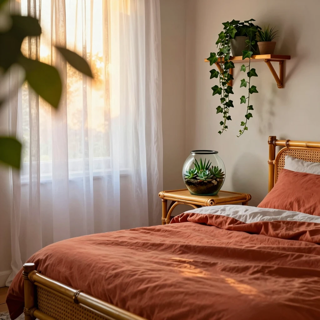 Peaceful biophilic bedroom with organic elements