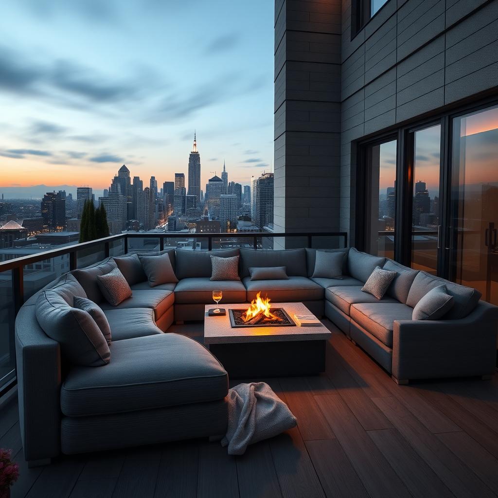 Cozy balcony with a modular gray sectional sofa around a fire pit, featuring built-in side tables and a city skyline at dusk.