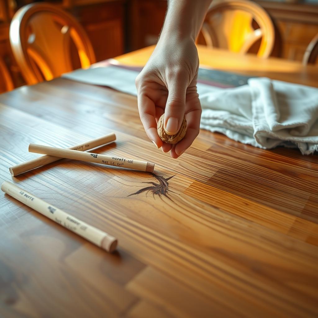 Close-up of a hand using a walnut to repair a scratch on a wooden dining table, with repair tools nearby in a cozy dining room.