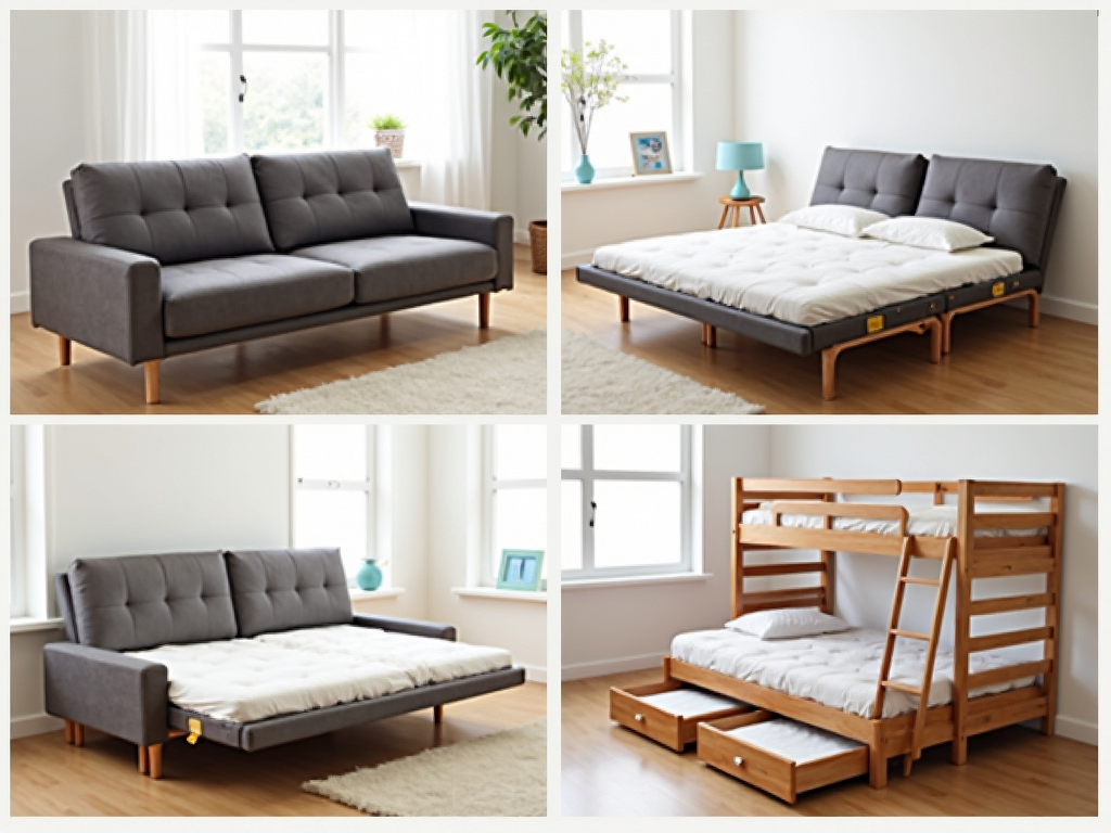 Various types of multifunctional futon furniture, showcasing their versatility and design.