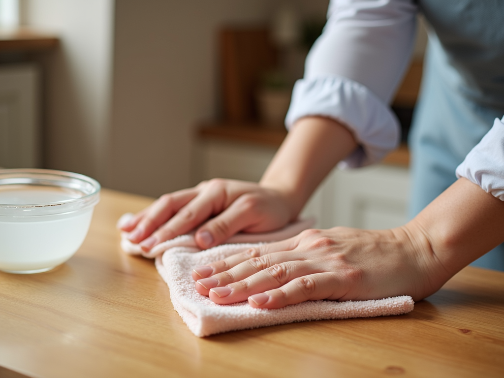 Proper technique for cleaning wooden furniture with a soft cloth and mild soap solution.