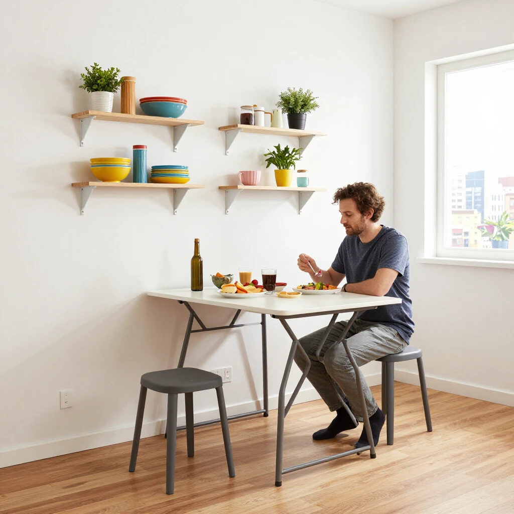 Foldable wall-mounted dining table in studio apartment