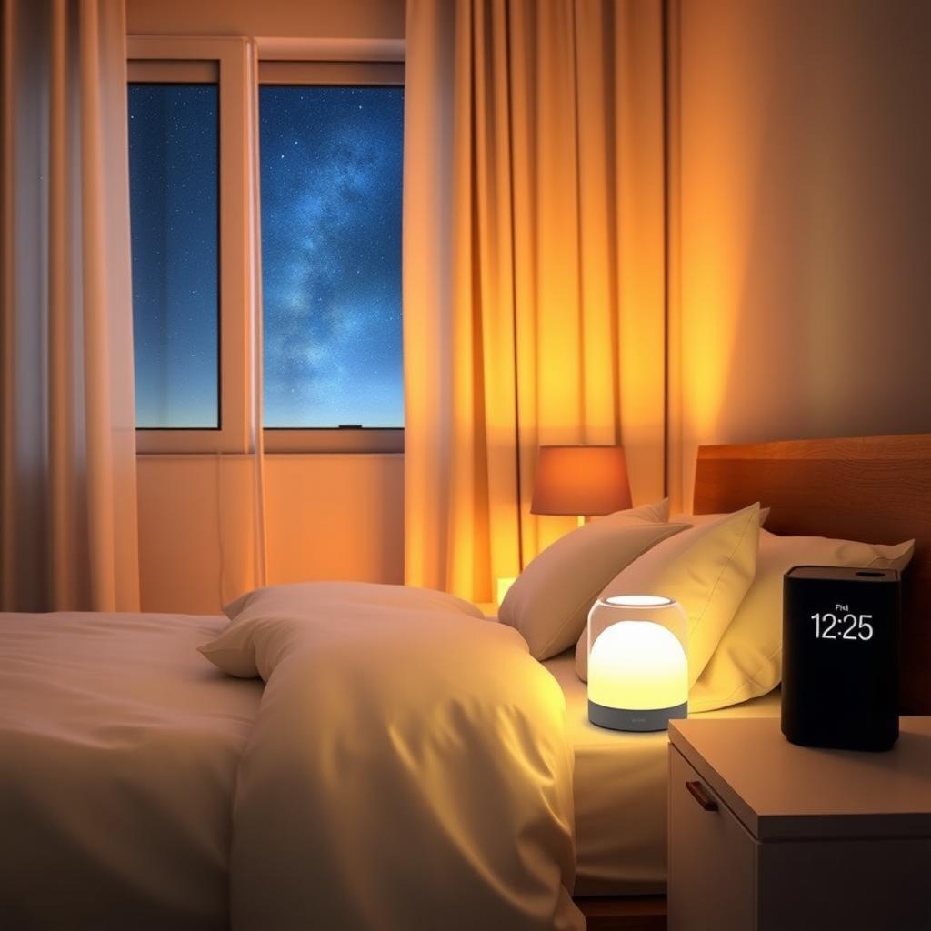 Cozy bedroom with a modern bed, smart table lamp, and smart curtains creating a relaxing atmosphere.