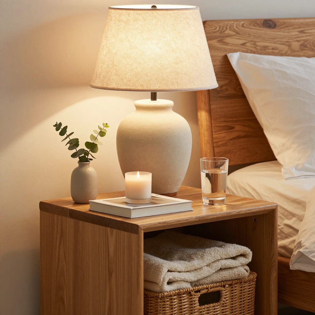 Styled wooden nightstand with lamp, books, candle, and personal touches
