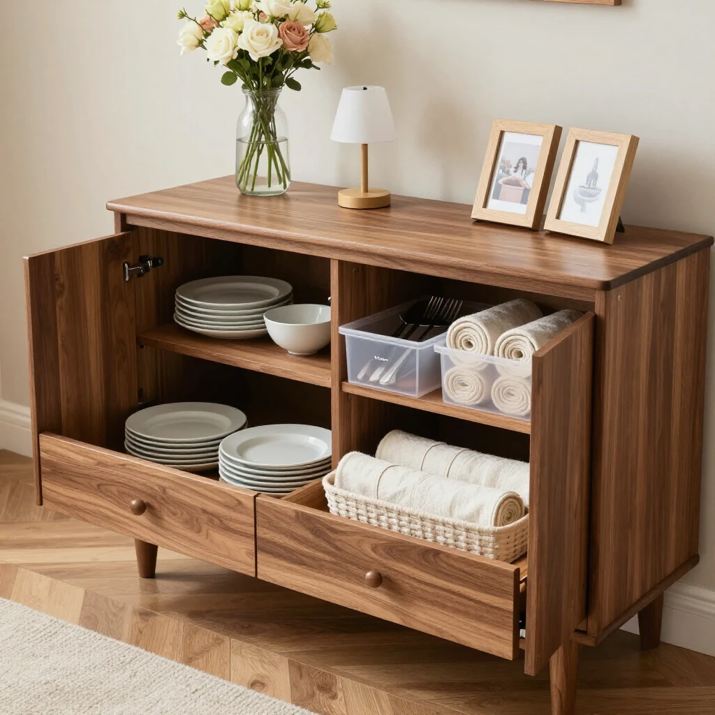 Elegant wooden sideboard with doors open revealing organized storage using dividers, baskets, and labeled bins