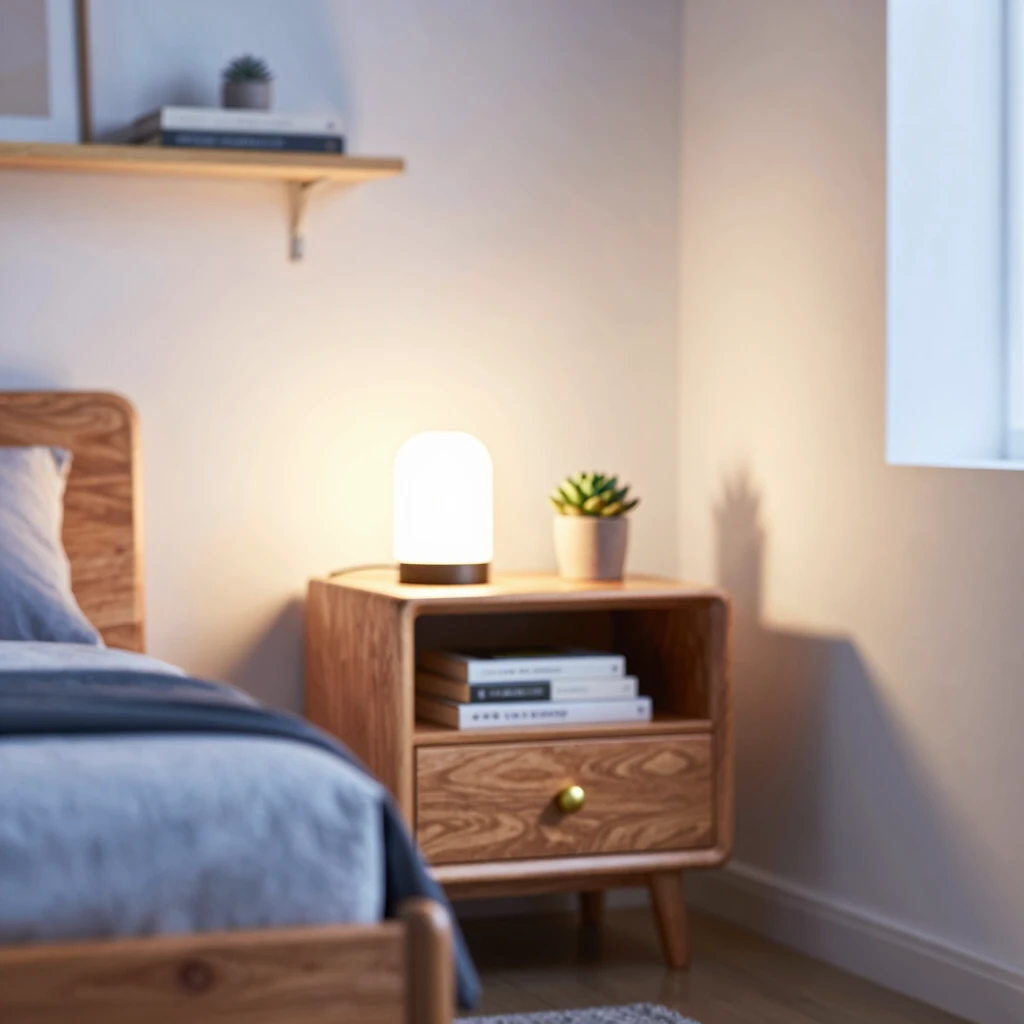 Cozy small bedroom setup with multifunctional nightstand