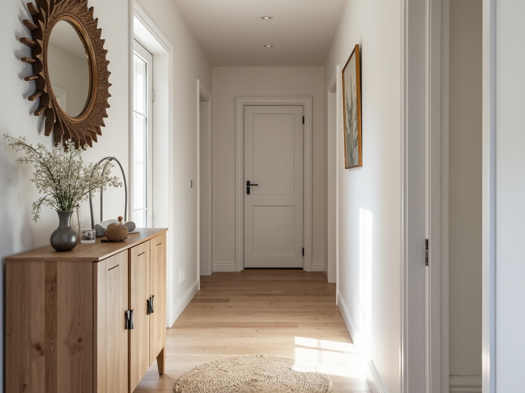 A hallway with a slim storage cabinet and a decorative mirror