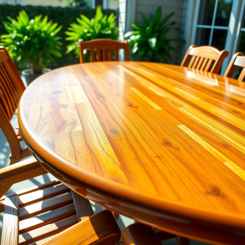 Well-maintained teak patio table and chairs on a sunny patio, surrounded by green plants.