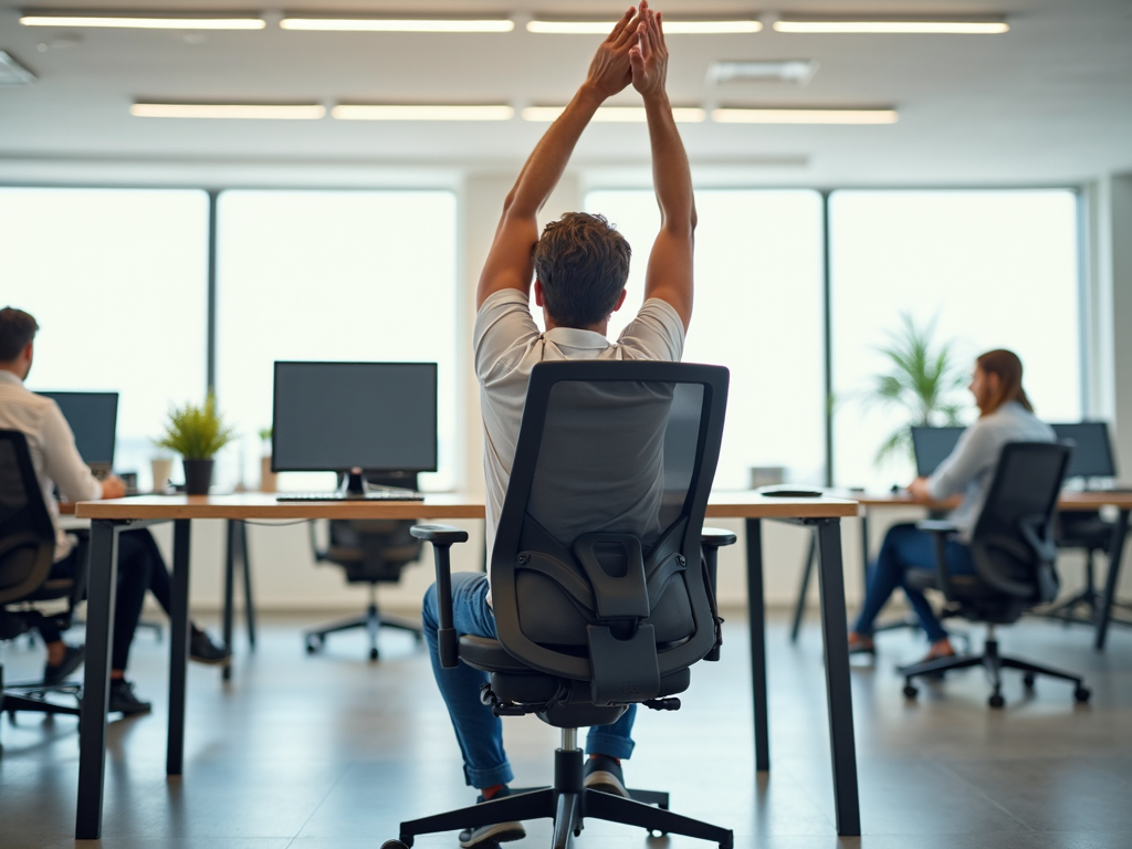 Office worker stretching arms overhead at ergonomic desk