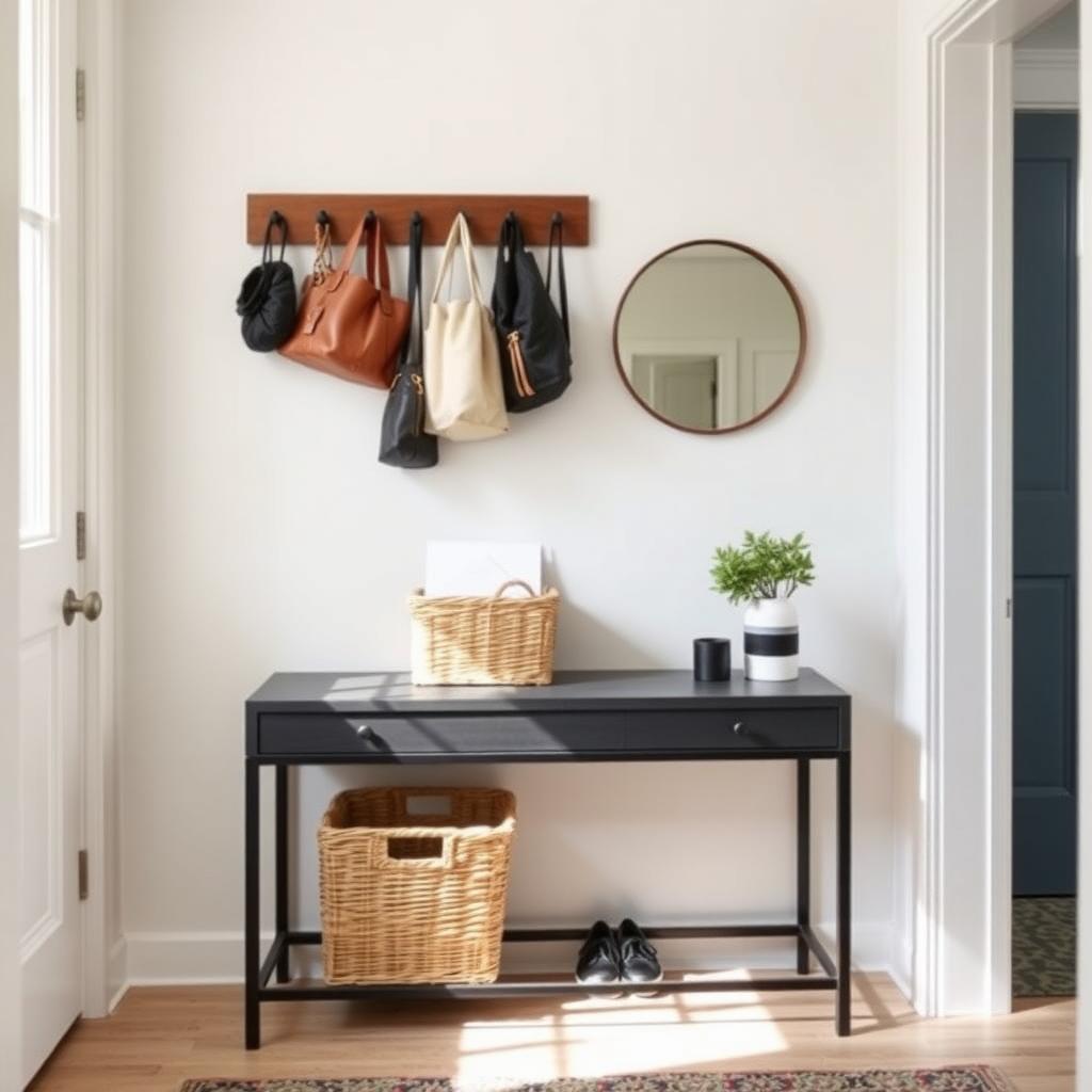 A bright, organized entryway with a pegboard, console table, and woven basket for storage.